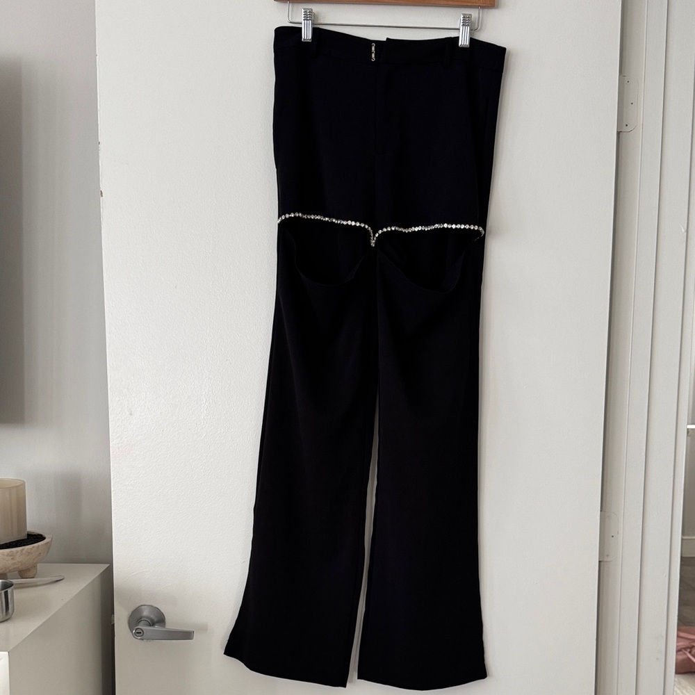 Black Wide-Leg Pants with diamond  Trim